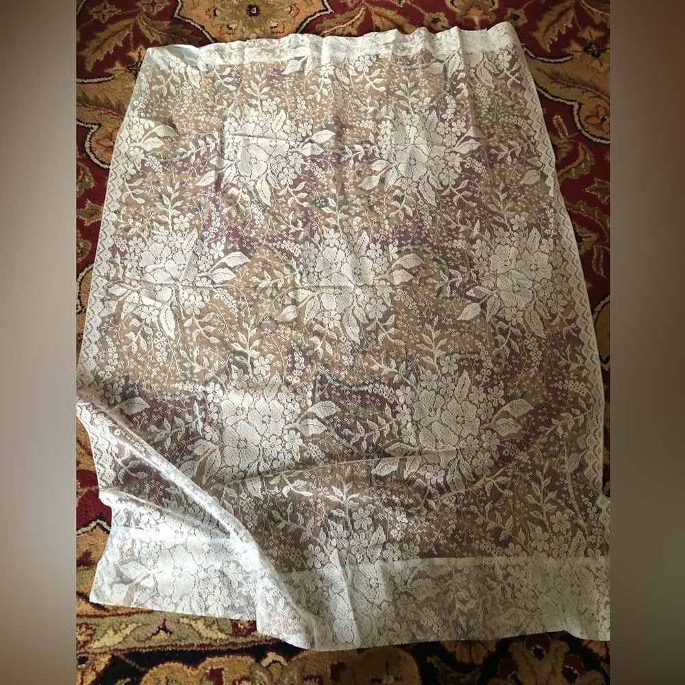 VTG Lace Curtain Panel 50x40” L Floral Design w Valance Cottage Core